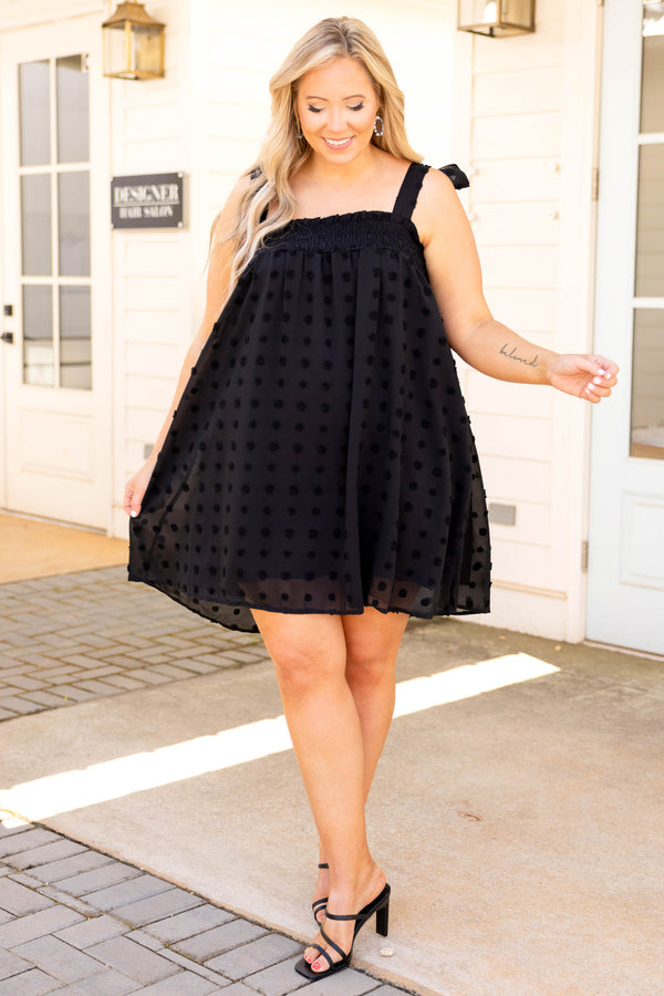 Chic Soul plus size clothing, black swiss dot style sleeveless tank style tie sleeves dress