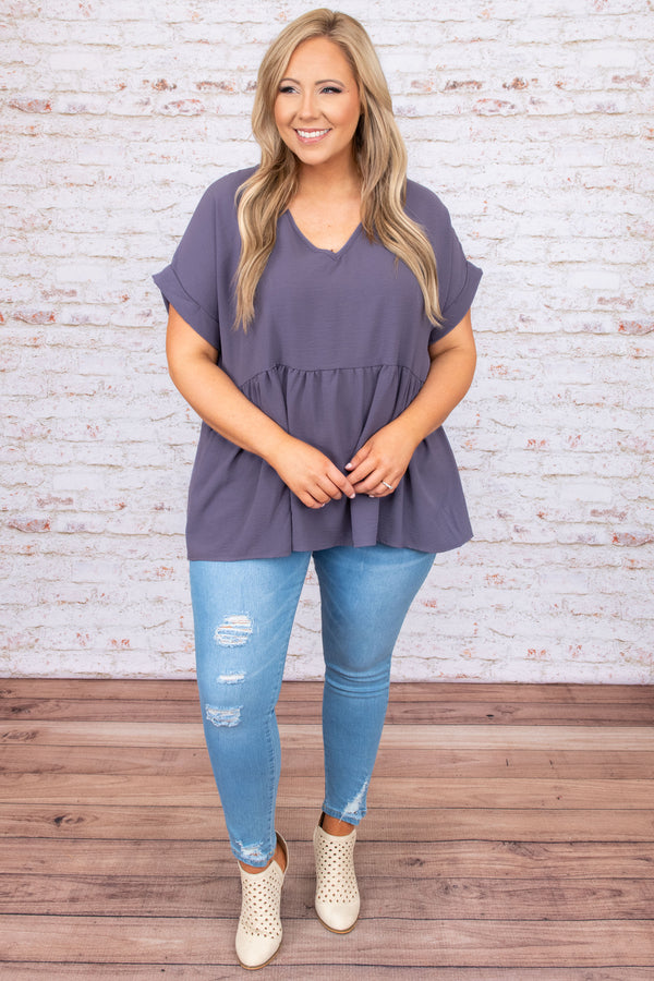 top, casual top, babydoll top, grey, gray, short sleeve