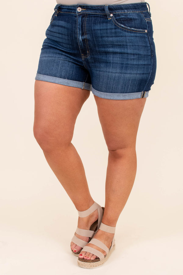 shorts, cuffed, denim, dark blue, faded