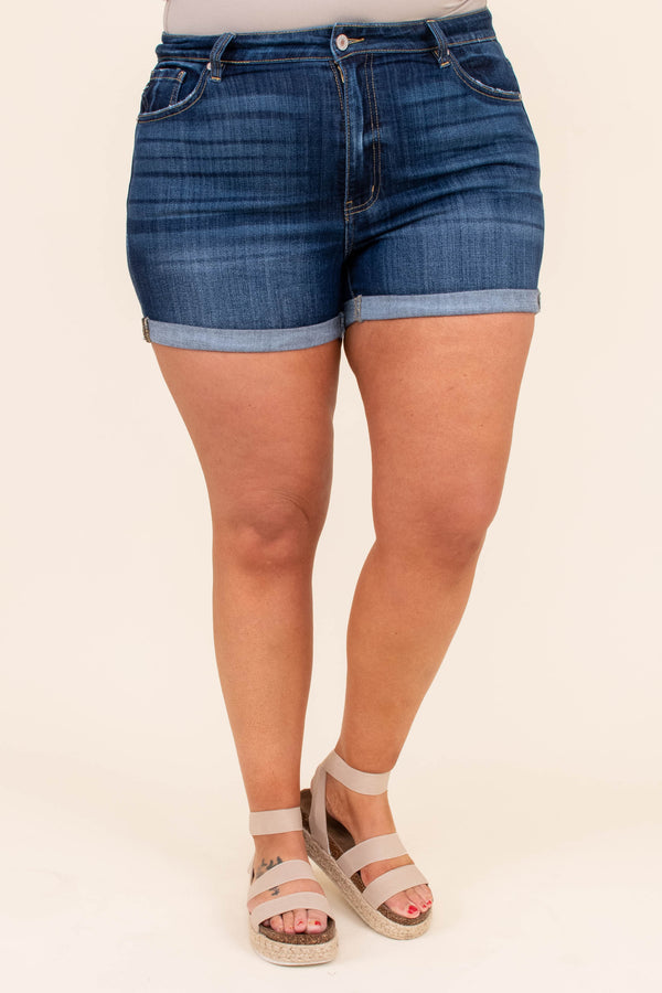 shorts, cuffed, denim, dark blue, faded