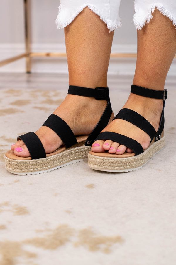 sandals, platform, rope sole, open toed, open heel, ankle strap, double foot straps, black