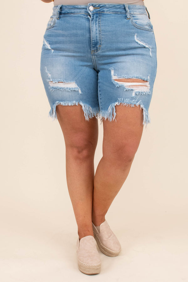 shorts, denim, jeans, bluw, light wash, distressed, ripped, frayed hem, above the knee