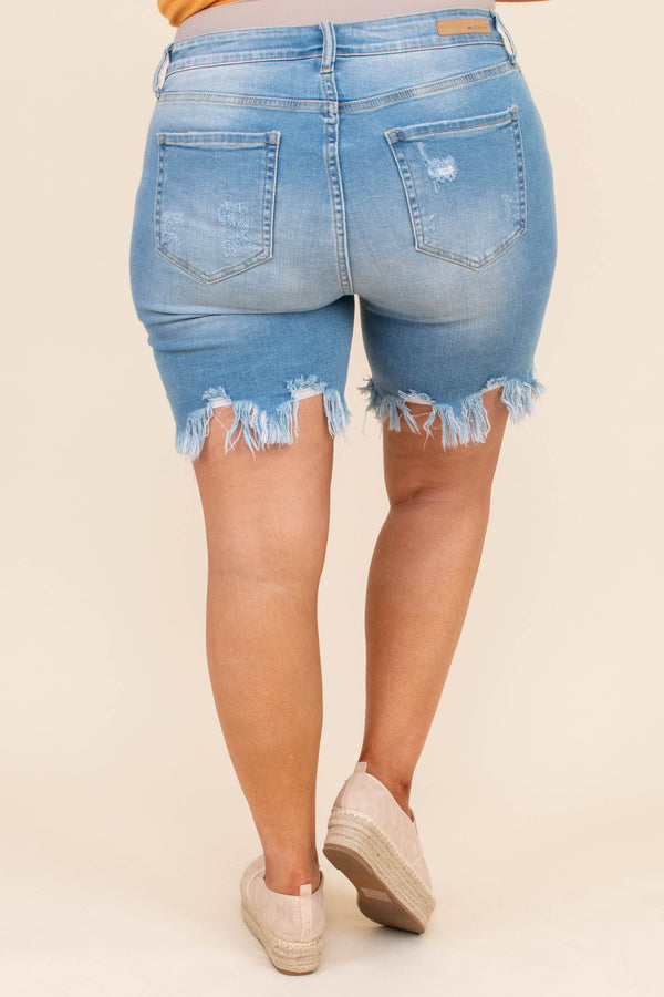 shorts, denim, jeans, bluw, light wash, distressed, ripped, frayed hem, above the knee