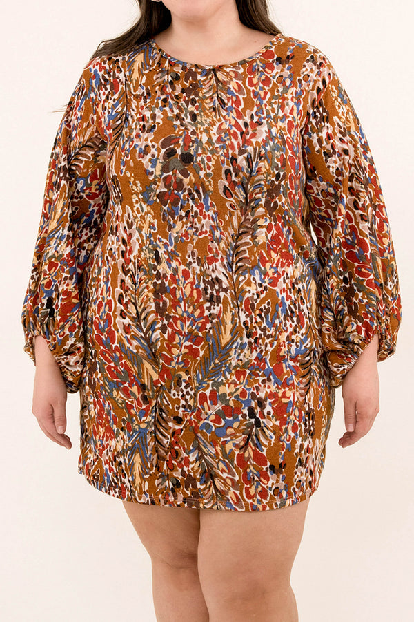 Chic Soul plus size clothing, bubble long sleeve dress in mustard with blue, black, and red floral pattern