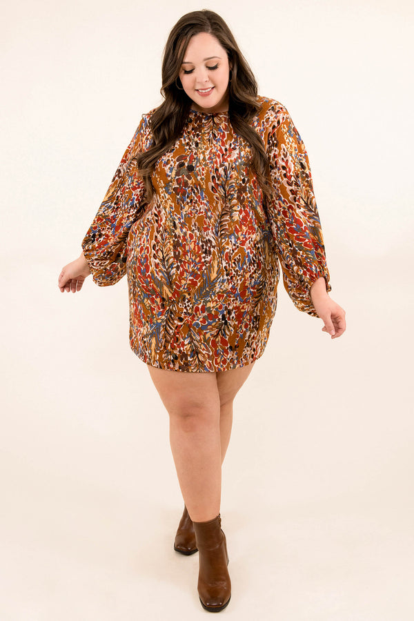 Chic Soul plus size clothing, bubble long sleeve dress in mustard with blue, black, and red floral pattern
