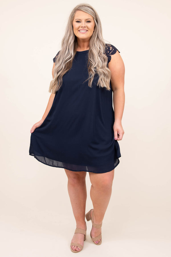 dress, casual, blue, navy, lace, short sleeve