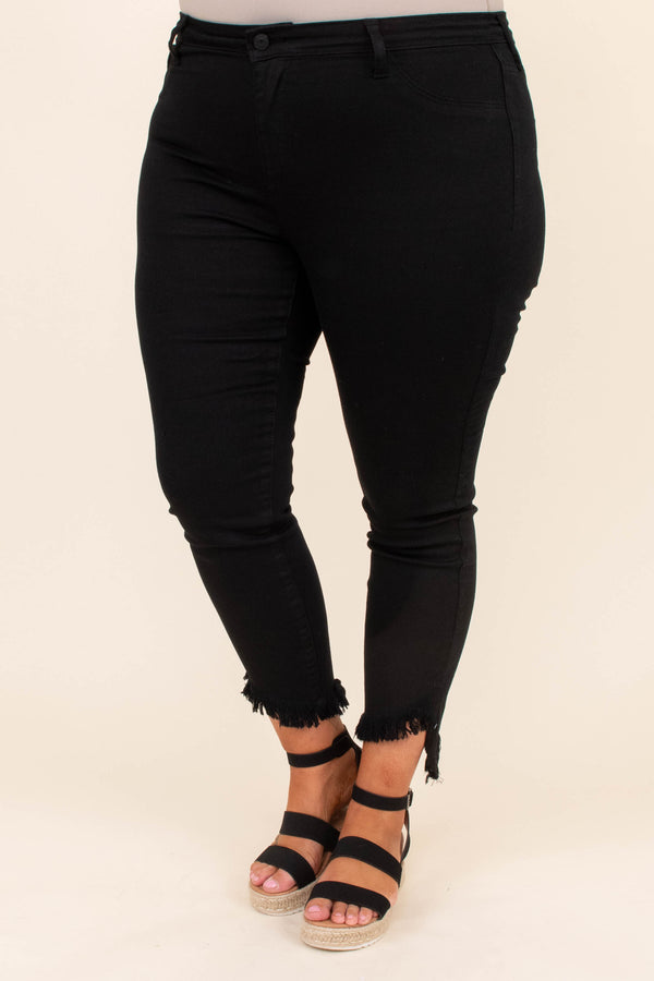 jeans, pants, long, cropped, ankle length, frayed hem, black, solid, skinny
