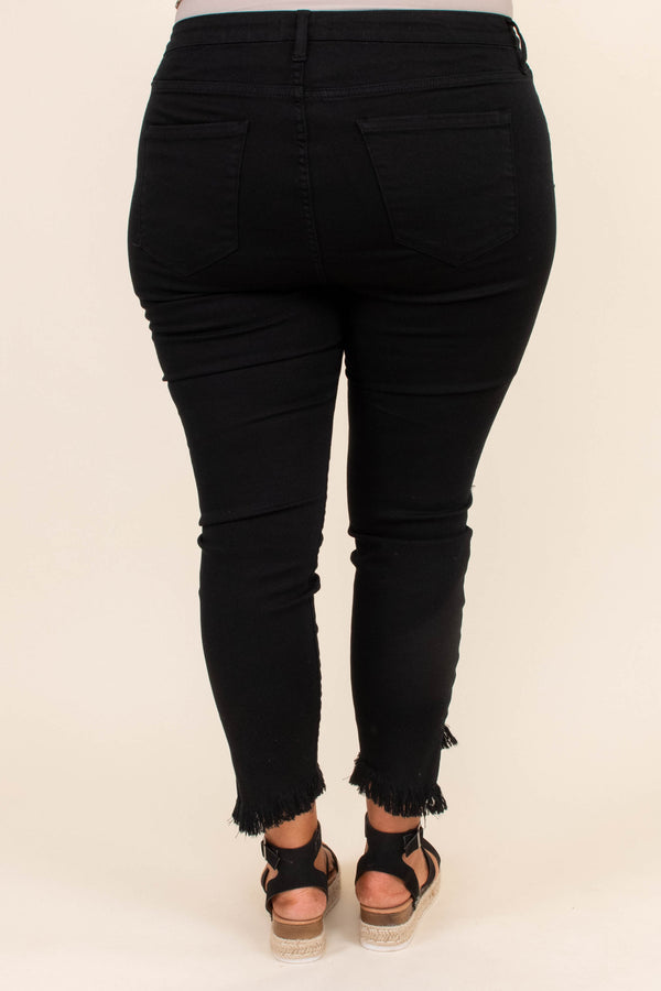 jeans, pants, long, cropped, ankle length, frayed hem, black, solid, skinny