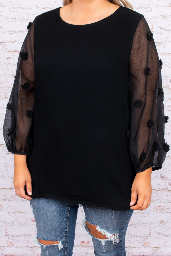 top, shirt, blouse, black, polka dot, bubble sleeve, sheer sleeve