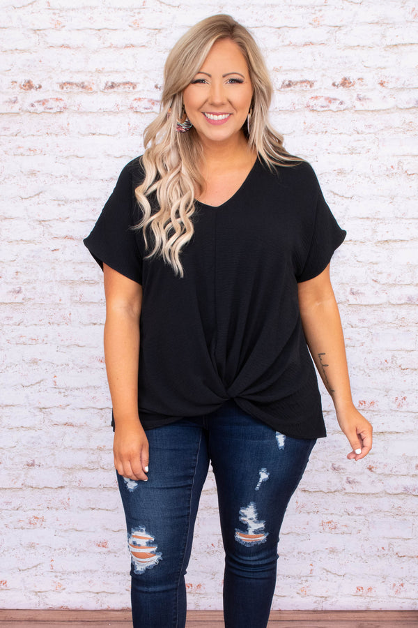 shirt, top, tie top, tied waistline, black, v neck, short sleeve
