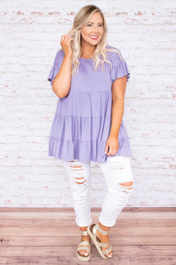 shirt, top, short sleeve, baby doll, loose, comfy, ruffle sleeves, lavender, purple
