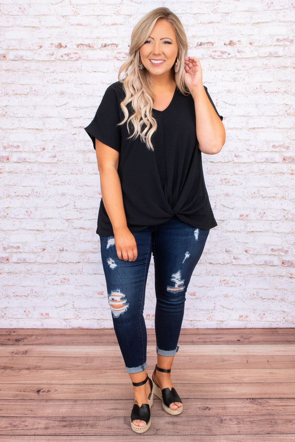 shirt, top, tie top, tied waistline, black, v neck, short sleeve
