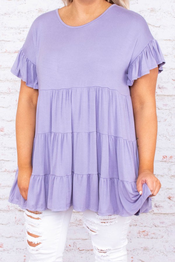 shirt, top, short sleeve, baby doll, loose, comfy, ruffle sleeves, lavender, purple