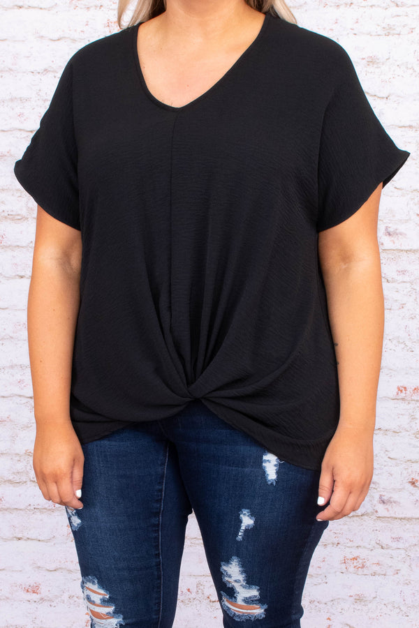 shirt, top, tie top, tied waistline, black, v neck, short sleeve