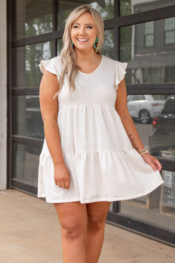 dress, casual, babydoll, white, solid, flutter, oatmeal