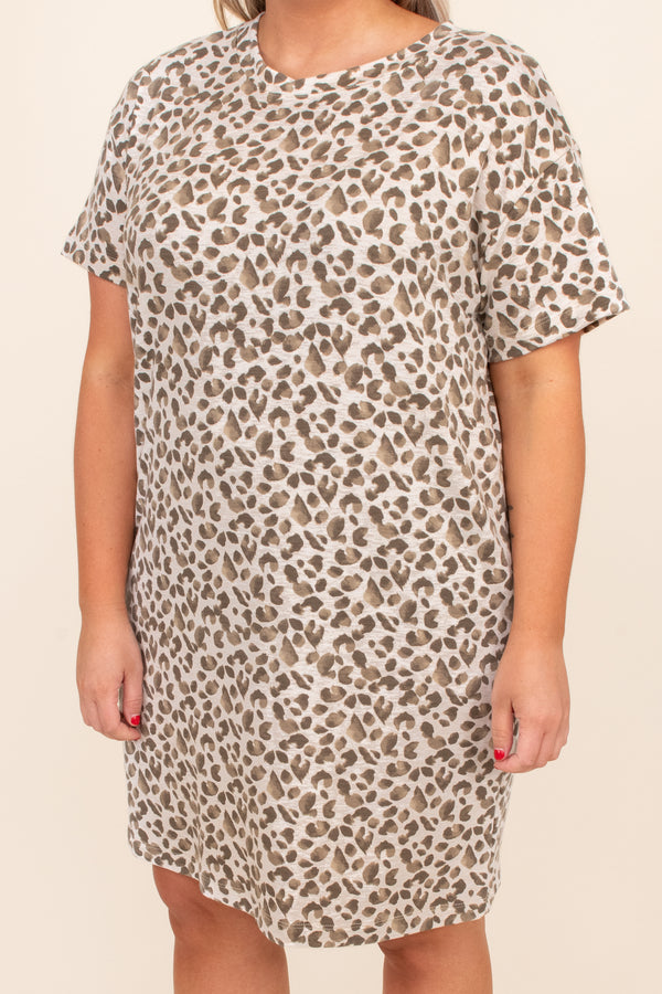 flowy, cute, oversized, comfy, round neck, short, dress, pattern, neutral colors, short sleeve