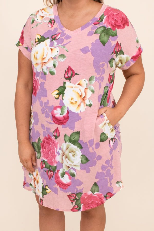 pre-cuffed sleeves, flowy, blush, floral, print, short, above the knee, dress, short sleeve, v neck, purple, pink
