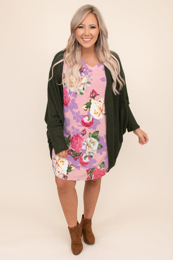 pre-cuffed sleeves, flowy, blush, floral, print, short, above the knee, dress, short sleeve, v neck, purple, pink