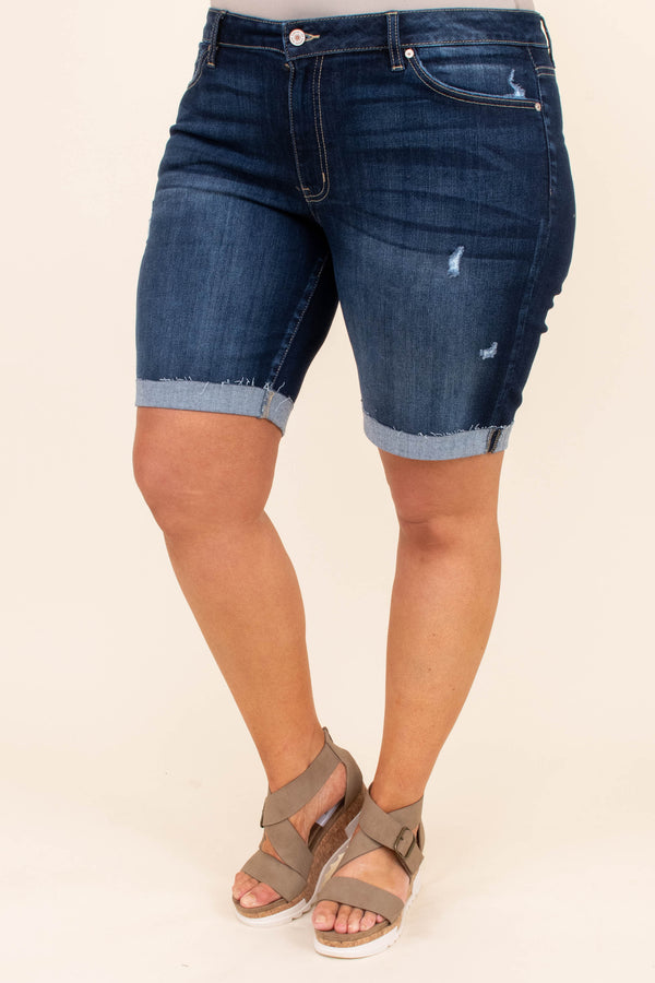 bottoms, shorts, denim, dark wash, distressed, cuffed bottom, knee length
