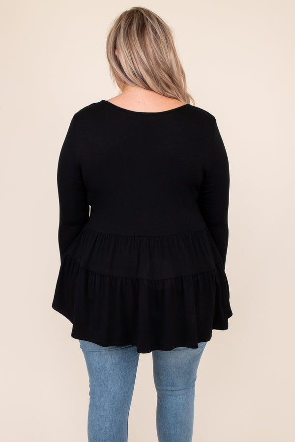 top, basic top, babydoll top, black, solid, long sleeve, ruffle