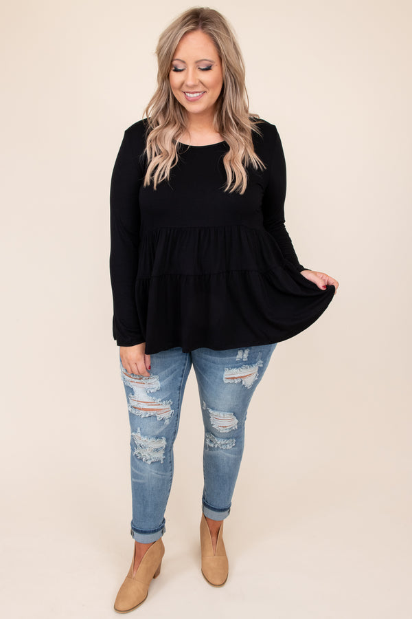 top, basic top, babydoll top, black, solid, long sleeve, ruffle