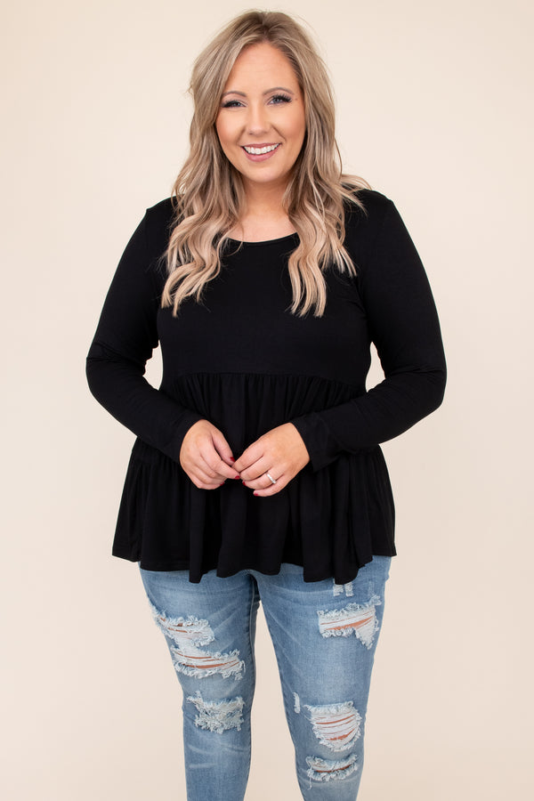 top, basic top, babydoll top, black, solid, long sleeve, ruffle