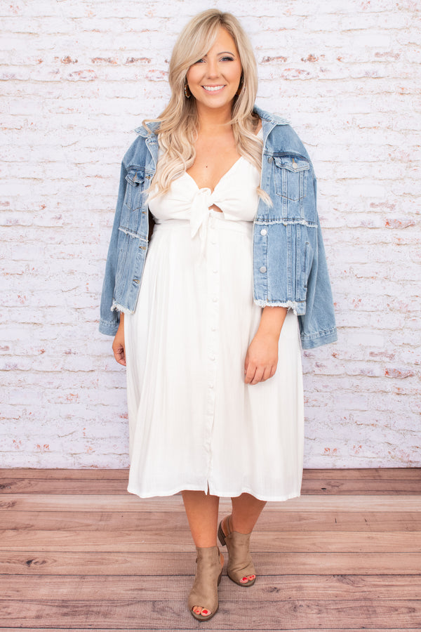 midi, dress, solid, white, buttons, sleeveless, flowy, figure flattering, bow