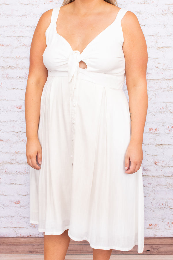 midi, dress, solid, white, buttons, sleeveless, flowy, figure flattering, bow