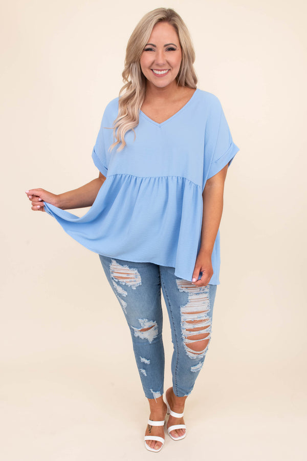 shirt, short sleeve, vneck, babydoll, long, flowy, cuffed sleeves, blue, comfy
