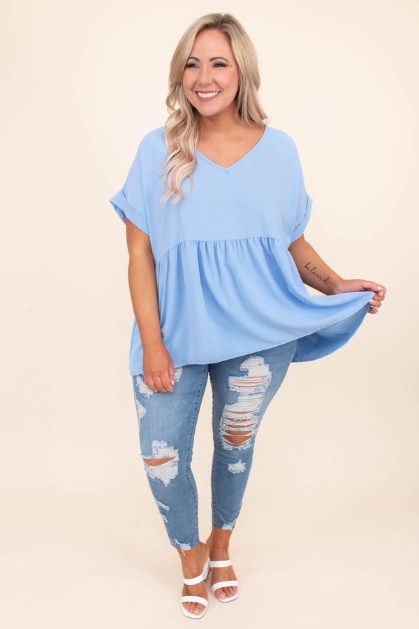 shirt, short sleeve, vneck, babydoll, long, flowy, cuffed sleeves, blue, comfy