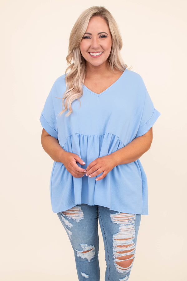 shirt, short sleeve, vneck, babydoll, long, flowy, cuffed sleeves, blue, comfy