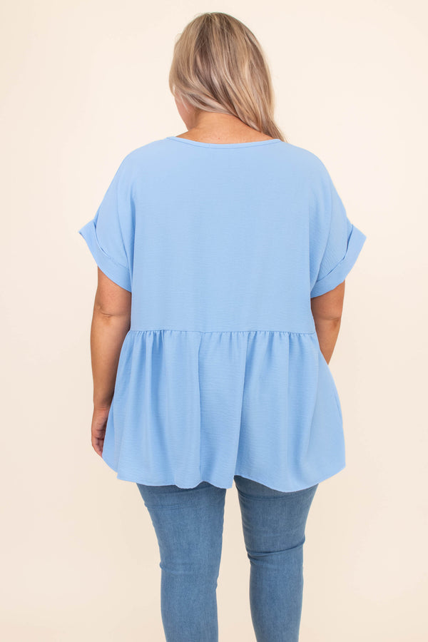 shirt, short sleeve, vneck, babydoll, long, flowy, cuffed sleeves, blue, comfy