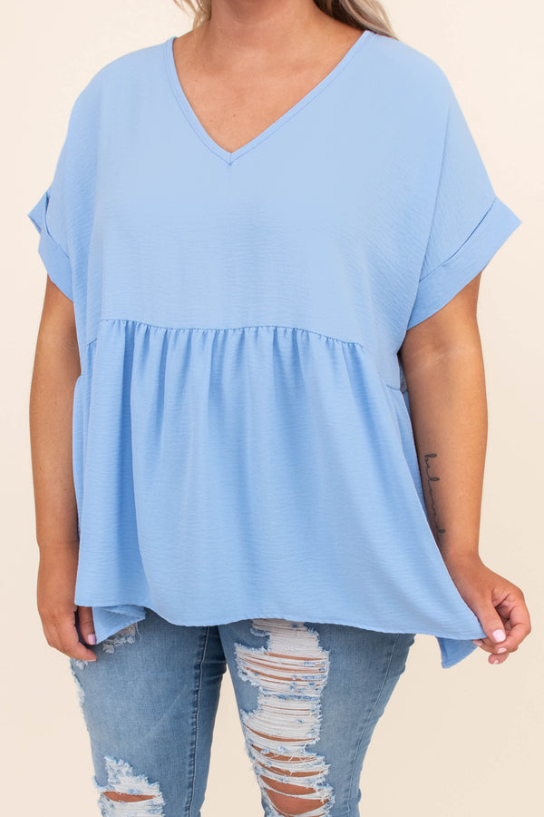 shirt, short sleeve, vneck, babydoll, long, flowy, cuffed sleeves, blue, comfy