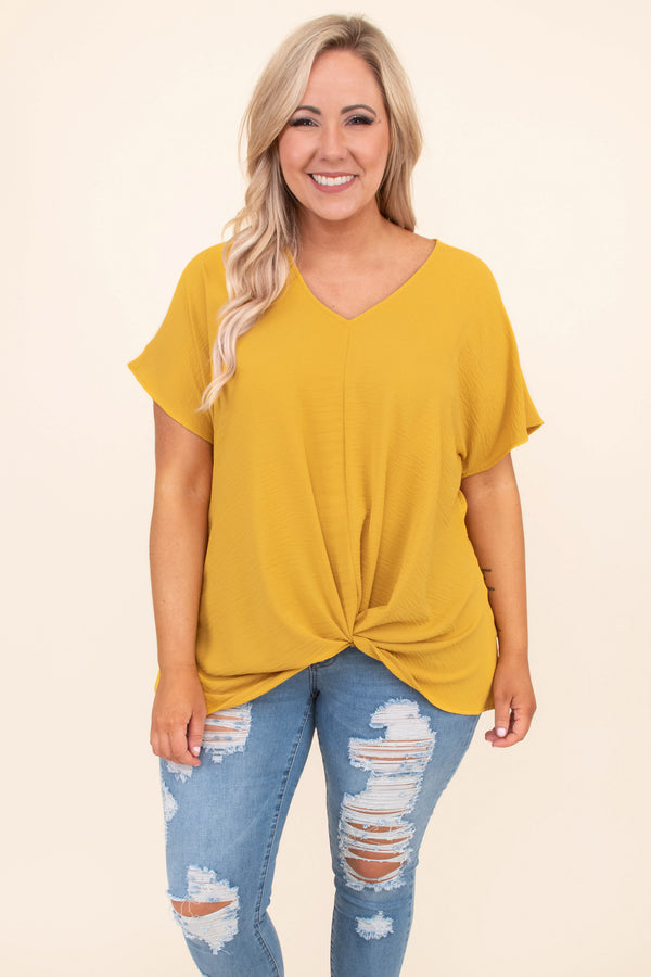 blouse, short sleeve, vneck, twisted hem, longer back, loose, mustard, comfy