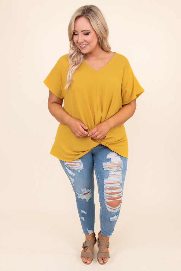 blouse, short sleeve, vneck, twisted hem, longer back, loose, mustard, comfy