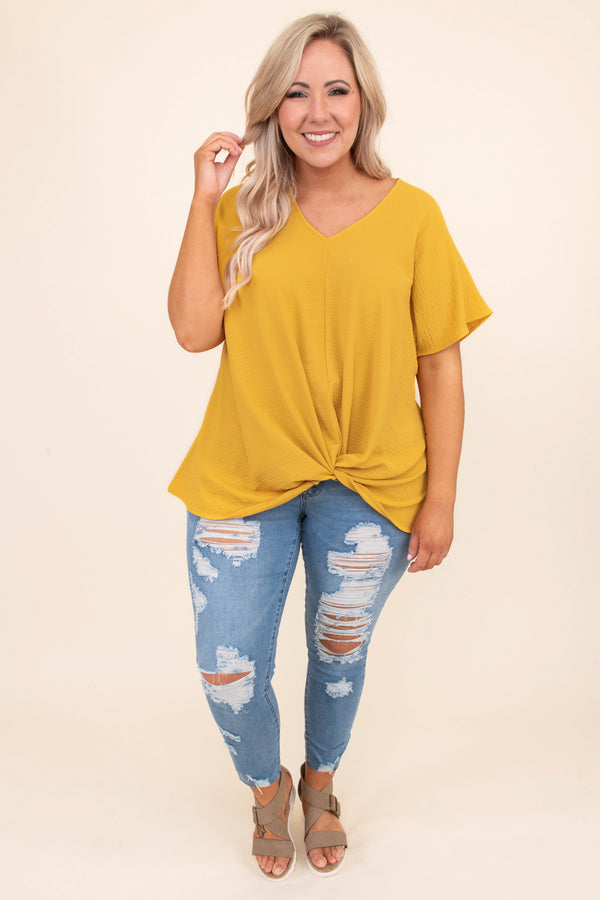 blouse, short sleeve, vneck, twisted hem, longer back, loose, mustard, comfy