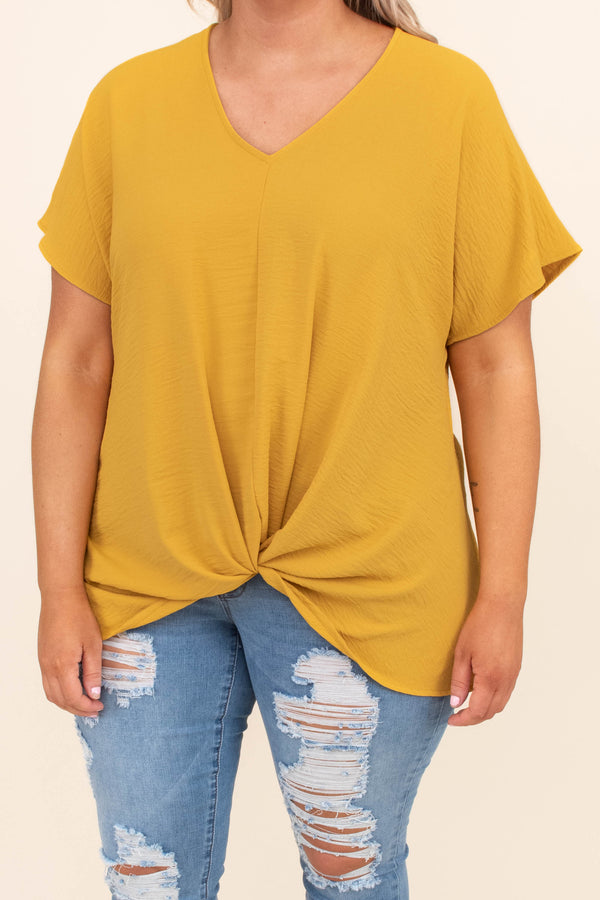 blouse, short sleeve, vneck, twisted hem, longer back, loose, mustard, comfy