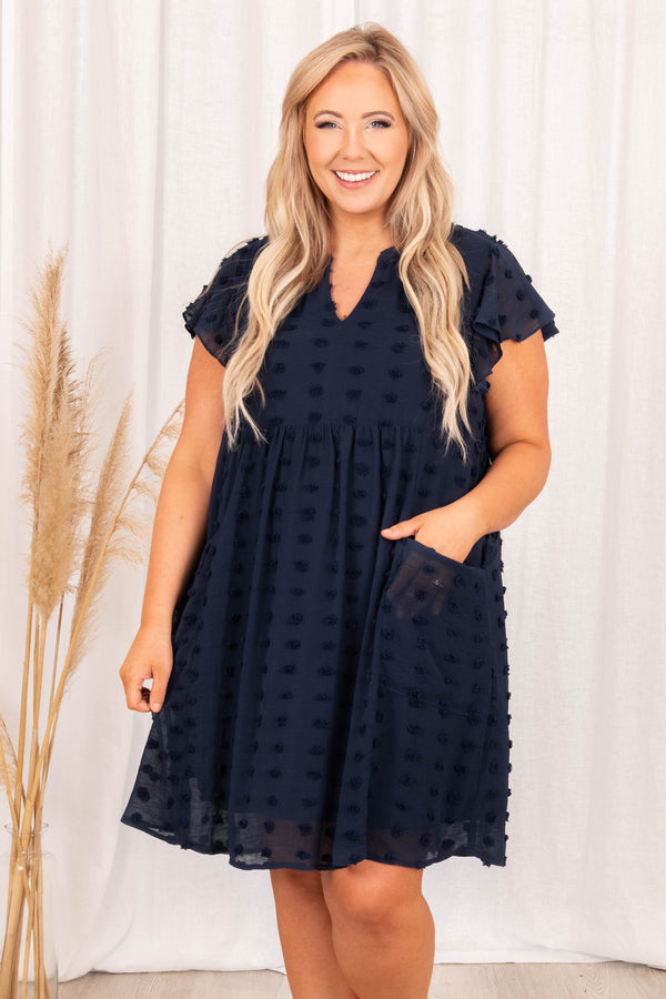 dresses, babydoll dress, navy, polka dot, flutter sleeve, blue, solid