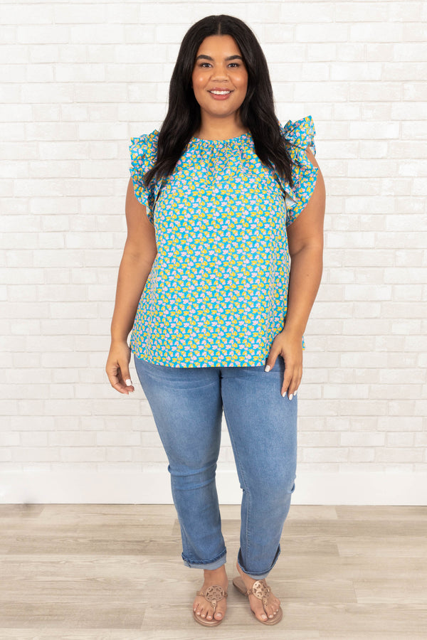 Chic Soul plus size clothing, blue patterned top with ruffle sleeves
