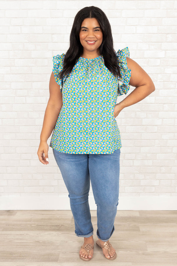 Chic Soul plus size clothing, blue patterned top with ruffle sleeves