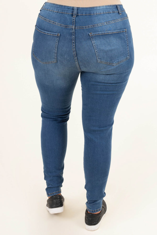Plus Size medium wash distressed skinny jeans with ripped knees and frayed hems.