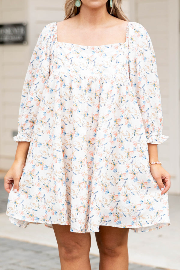 Chic Soul plus size clothing, ivory dress with floral pattern and pockets