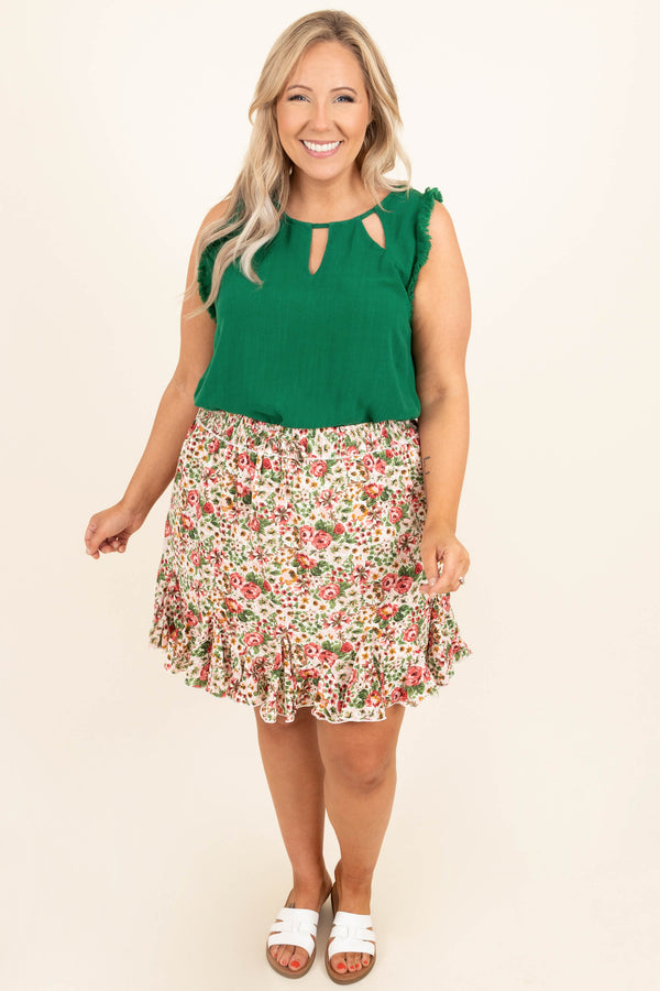 Chic Soul plus size clothing, white green red floral ruffle bottom elastic waist skirt