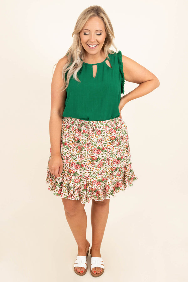 Chic Soul plus size clothing, white green red floral ruffle bottom elastic waist skirt