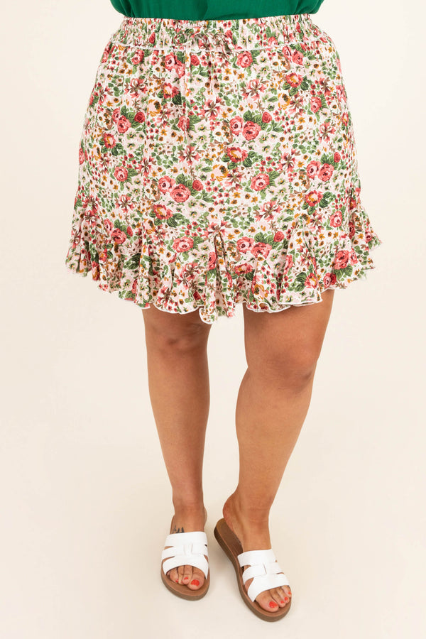 Chic Soul plus size clothing, white green red floral ruffle bottom elastic waist skirt