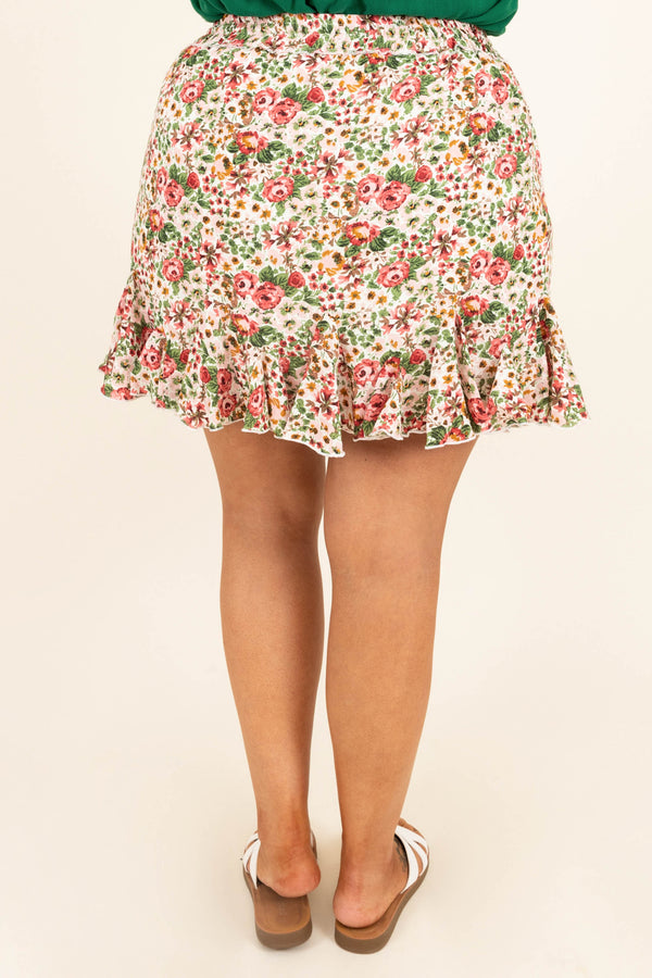 Chic Soul plus size clothing, white green red floral ruffle bottom elastic waist skirt