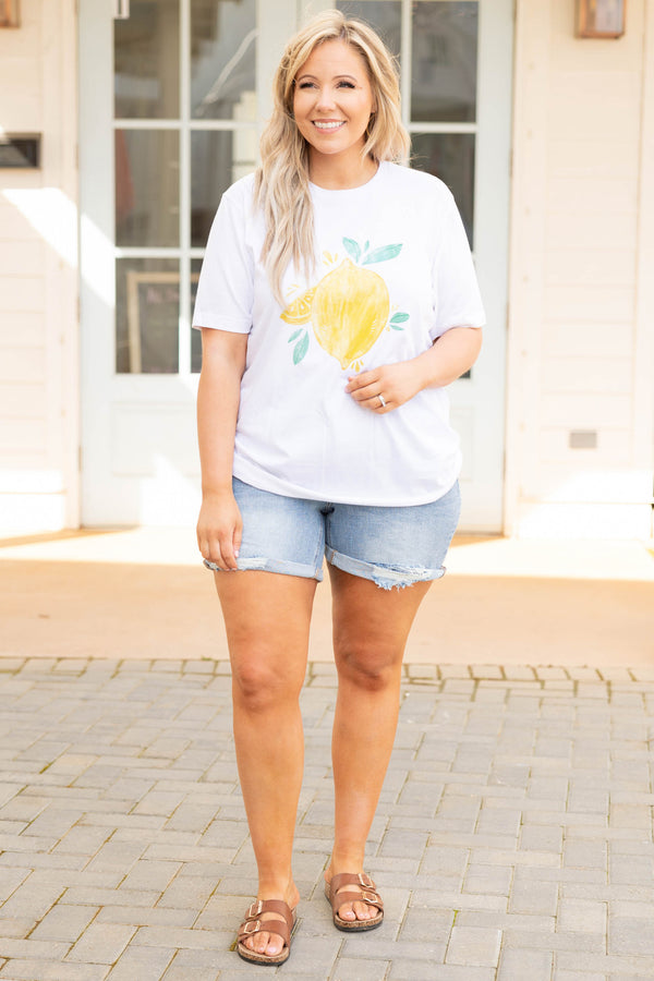 Chic Soul plus size clothing, medium wash high waisted mid length denim shorts with distressments