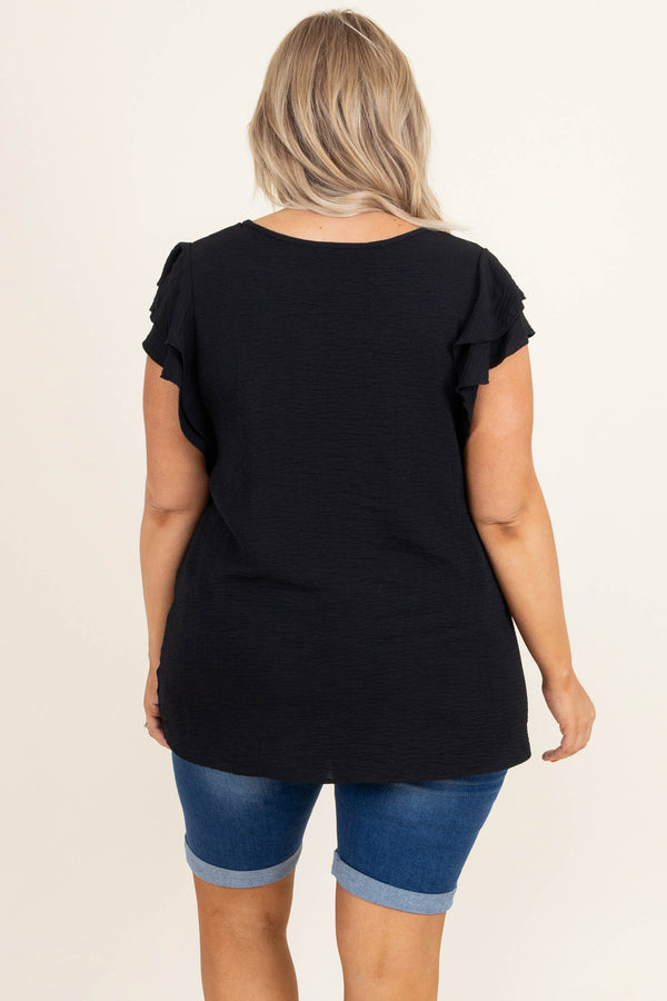 Chic Soul plus size clothing, black scoop neck short ruffle sleeve casual top