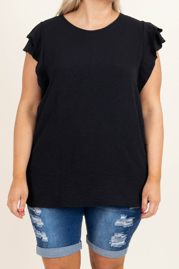Chic Soul plus size clothing, black scoop neck short ruffle sleeve casual top