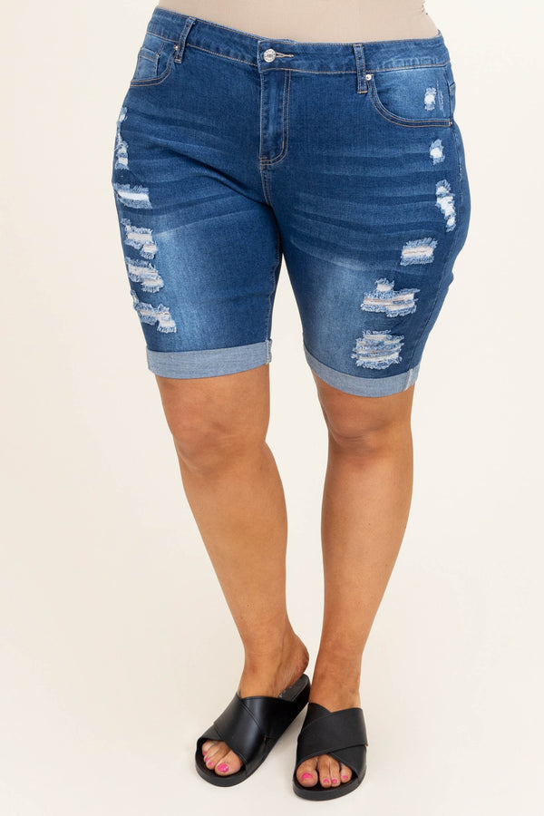 Chic Soul plus size clothing, dark wash high waisted distressed mid length denim shorts